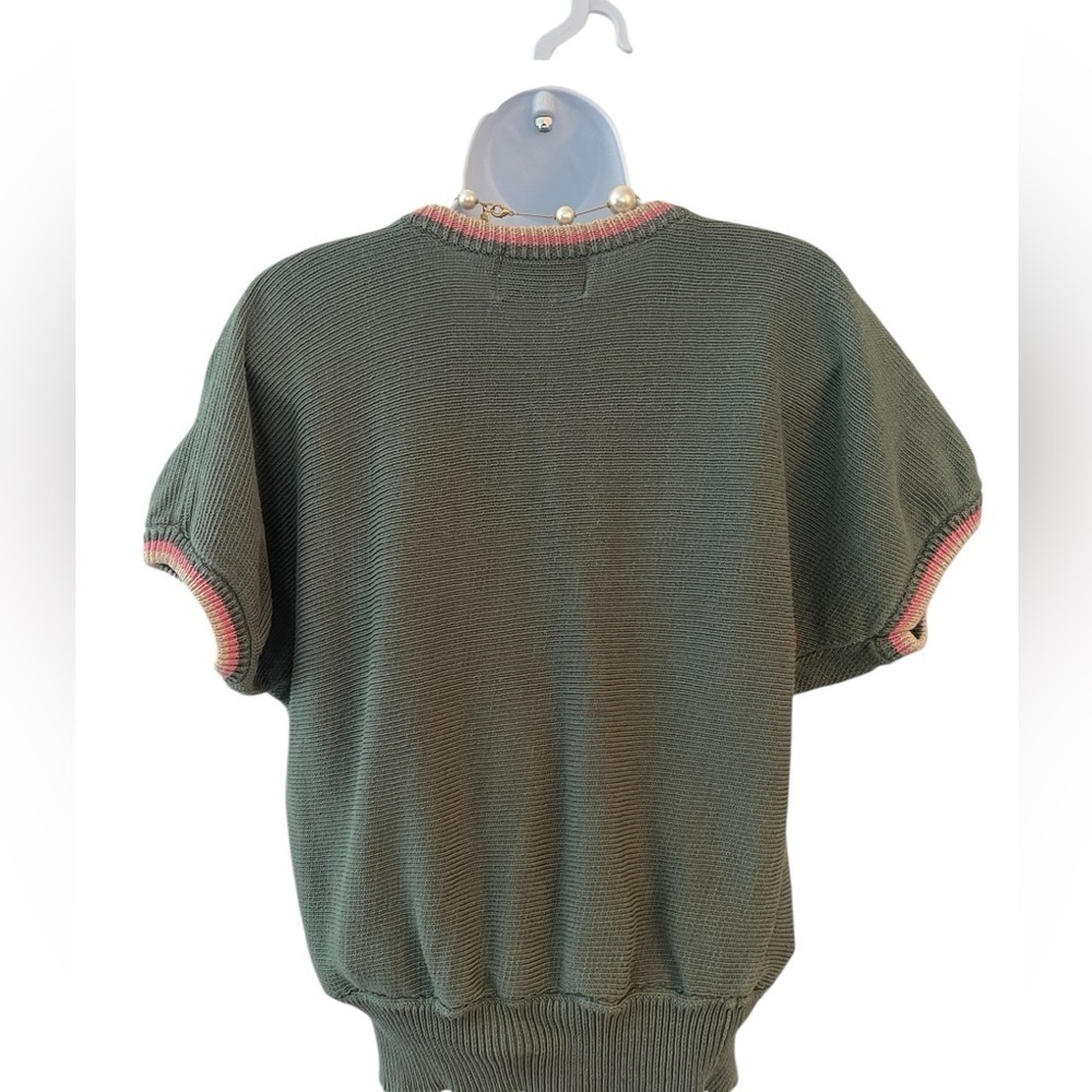 Vintage 80s Calico Floral Appliqué Sweater Top Cottagecore Preppy Knit Blouse - Picture 3 of 8